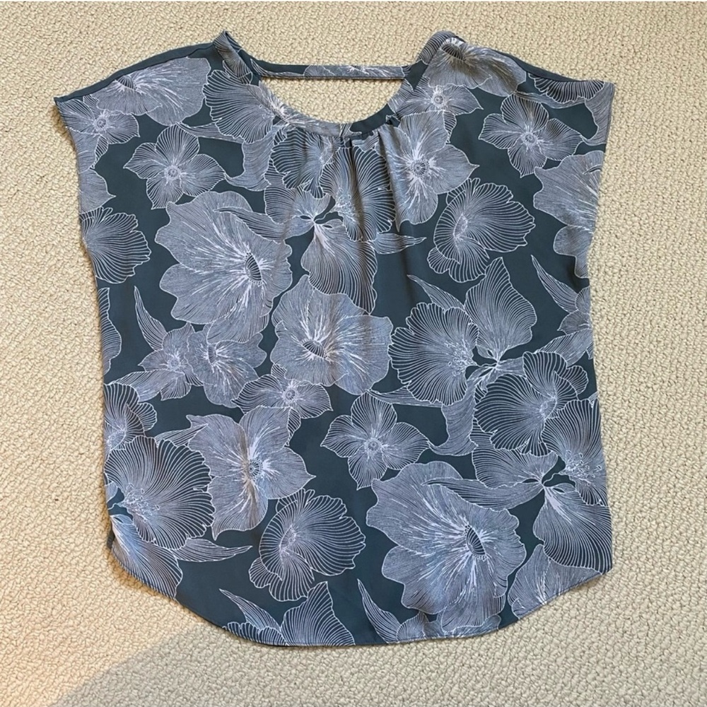LOFT Dusty Blue Boxy Blouse with Blue and White Floral Design